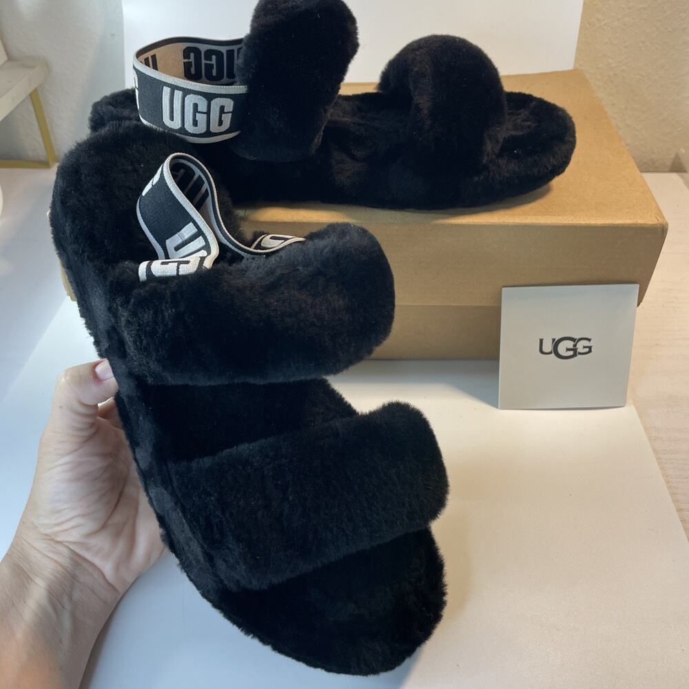 UGG Oh Yeah Black Sheepskin Slide Sandals Slippers Women's Size 9 1107953